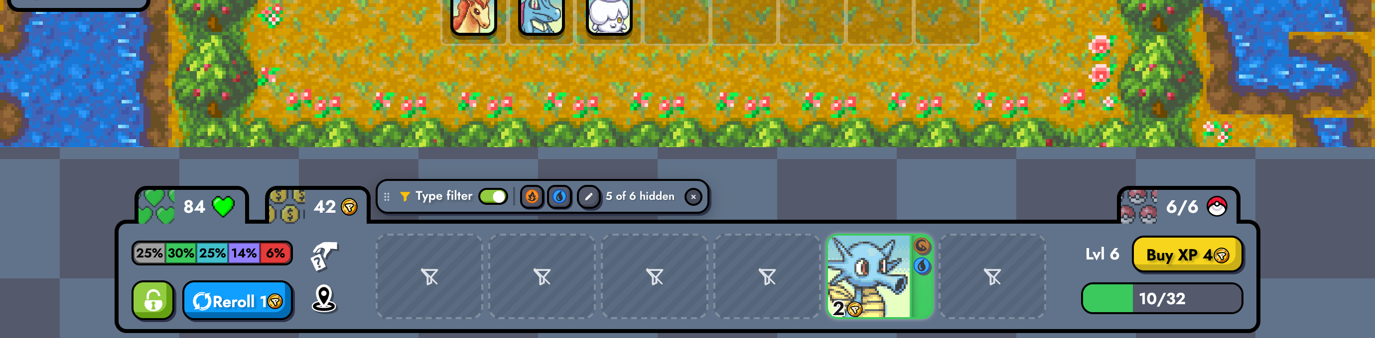 The same shop with Fire and Water selected: five slots are dashed placeholders with a crossed-out funnel, only Horsea is visible. The bar reads '5 of 6 hidden'.