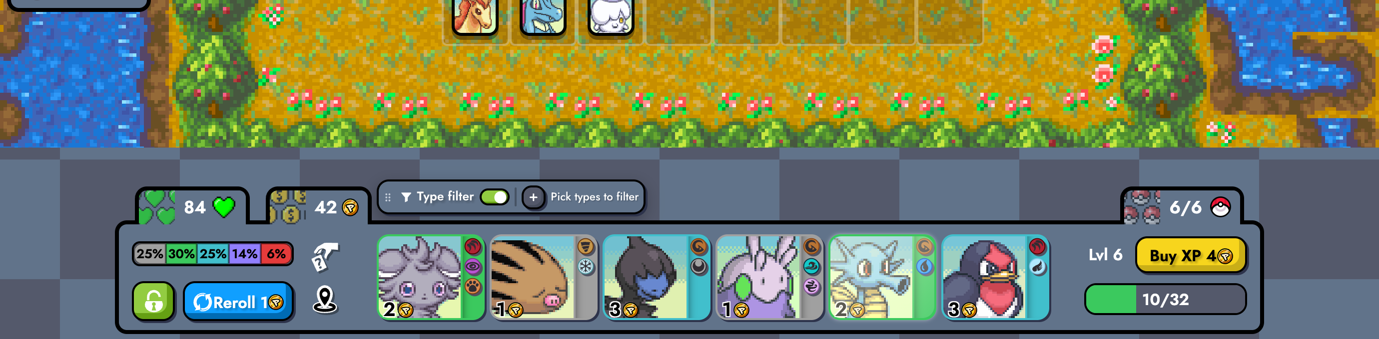 The shop row with six cards (Espurr, Swinub, Deino, Goomy, Horsea, Taillow) and the Type filter bar above it reading 'Pick types to filter'.