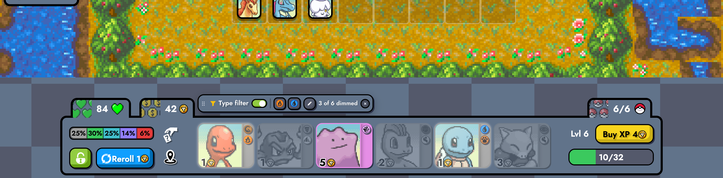Dim mode: Geodude, Machop and Abra are greyscale and faded in place; Charmander, Ditto and Squirtle are in full colour. The bar reads '3 of 6 dimmed'.
