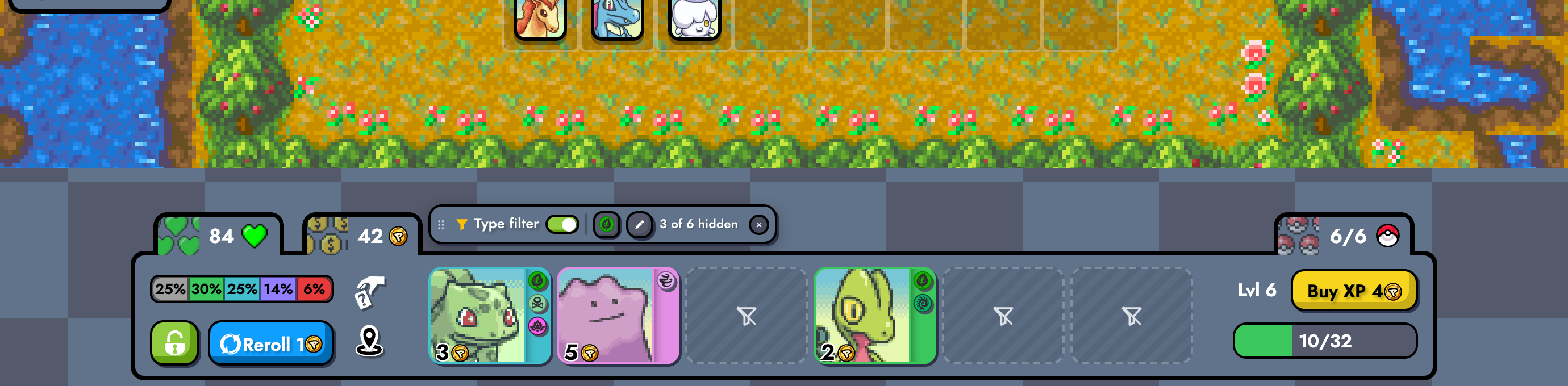 Grass selected: Bulbasaur, Treecko and Ditto visible, three dashed placeholders, '3 of 6 hidden'.