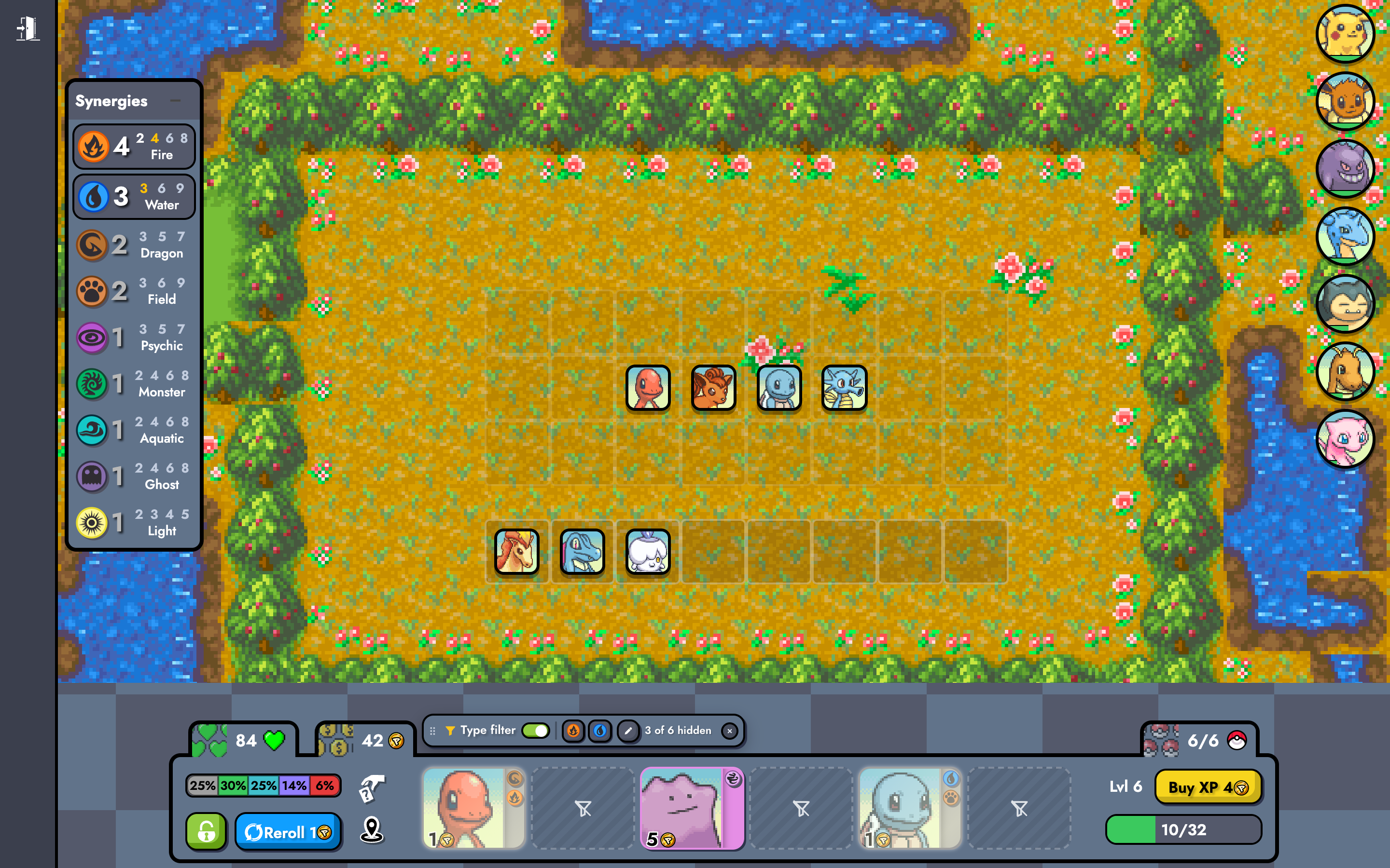 Full game screen. Above the shop, between the gold counter and the team-size tab, a bar reads: Type filter, an on switch, Fire and Water chips, a pencil button, '3 of 6 hidden' and a clear button. In the shop, Charmander, Ditto and Squirtle are visible; three slots are dashed placeholders.