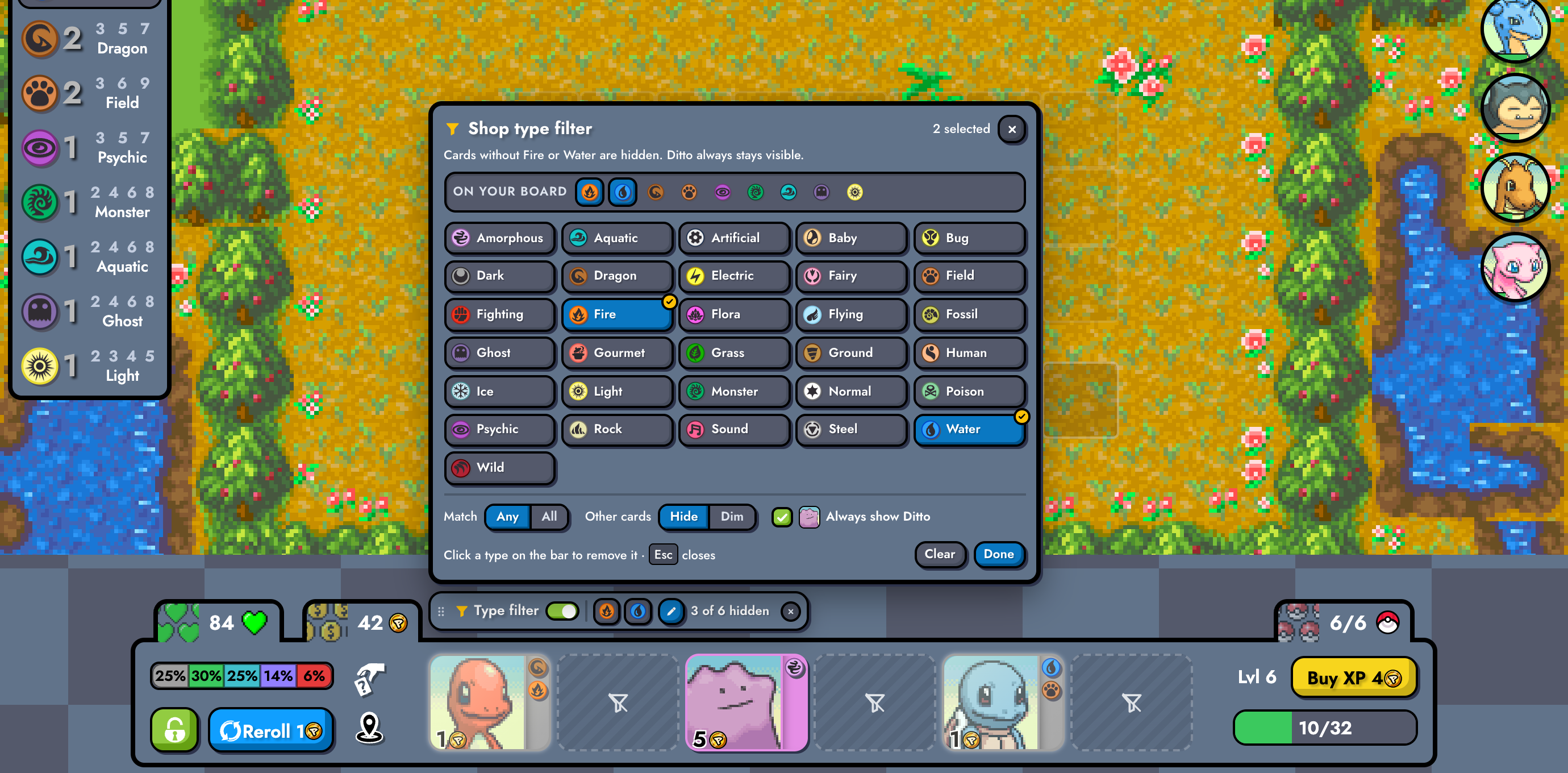 The picker panel: an 'On your board' row listing the synergies from the game's synergies panel, a grid of all 31 types with Fire and Water selected, Match Any/All, Other cards Hide/Dim, an 'Always show Ditto' checkbox, and Clear/Done buttons.
