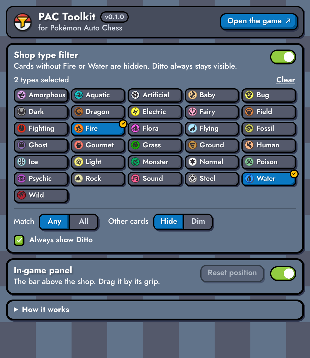 The extension's toolbar popup: title PAC Toolkit v0.1.0 with an 'Open the game' button, the Shop type filter switch and summary, the 31-type grid with Fire and Water selected, Match and Other cards controls, Always show Ditto, and an In-game panel section with Reset position and a switch.