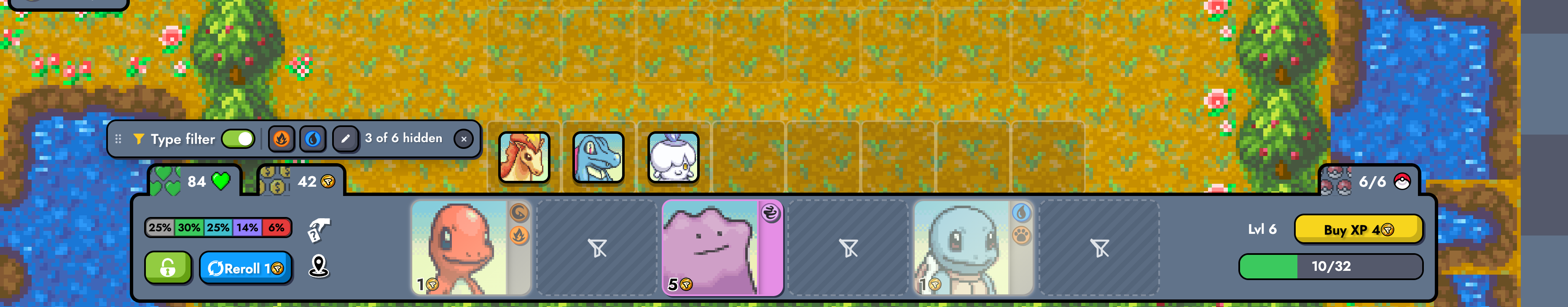 In a short window, the Type filter bar sits to the left of the bench above the life and gold tabs, leaving the bench and board uncovered. Filter applied: 3 of 6 hidden, Ditto kept.